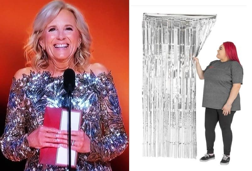 we-found-the-fabric!-dr.-jill-chose-the-baked-potato-look-for-her-grammy’s-gig-–-shiny-chrome-curtain-fringe-like-a-disco-ball
