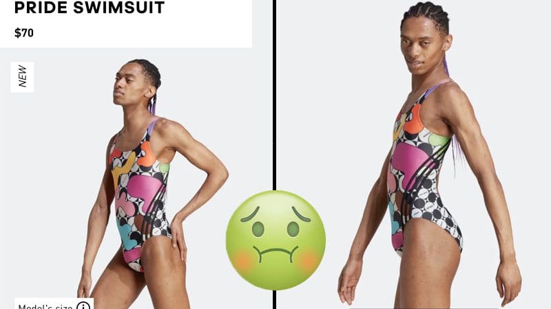 neue-adidas-anzeige-zeigt-mann-mit-beule-und-behaarter-brust,-der-badeanzug-aus-der-women’s-pride-kollektion-fuer-frauen-modelt
